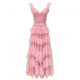 Beatrix Light Pink Layered Ruffle Drop Waist Spaghetti Strap Maxi Dress